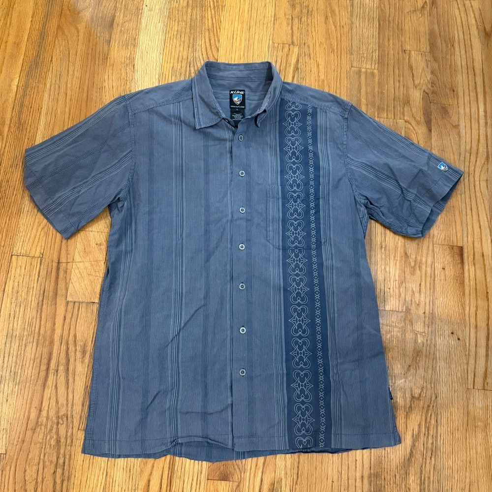 Kuhl Bohemiam Shirt Mens Large Blue Gray Embroidered Panel Micro Stripe Cotton L